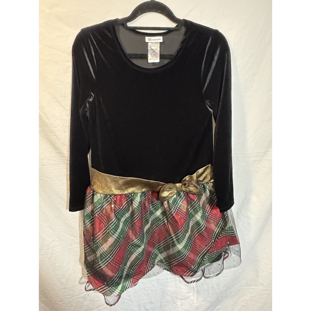 Bonnie Jean Girls Size 18 1/2 Dress Christmas Velvet Plaid  Red & Green Gold Bow